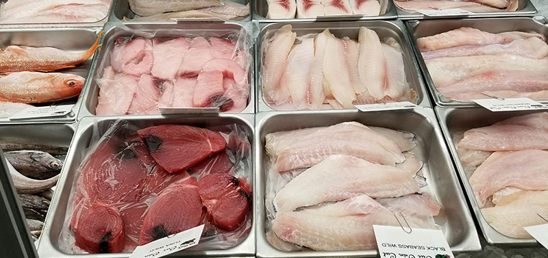 close up of fresh fish in case at Mr. Bill's